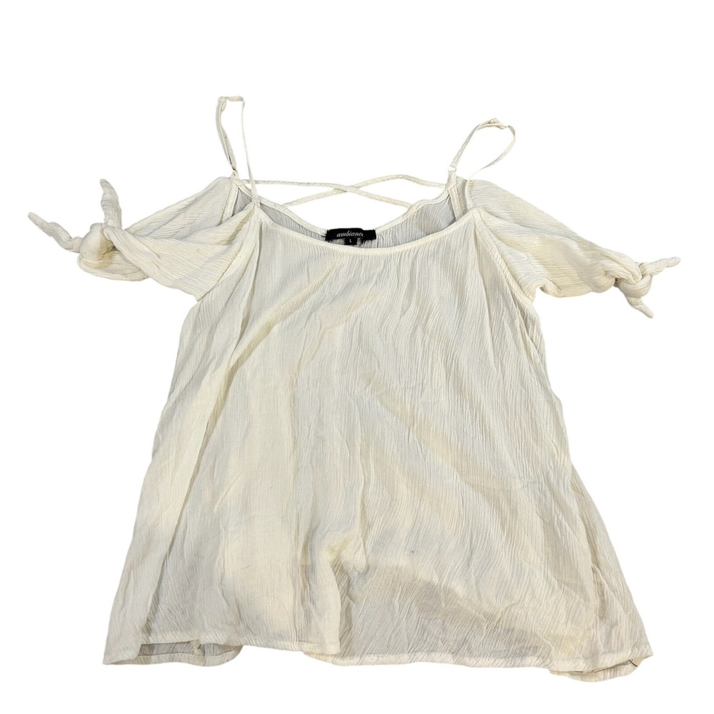 White Cold Shoulder Crinkle Tie Sleeve Boho Blouse‎ Top Womens L